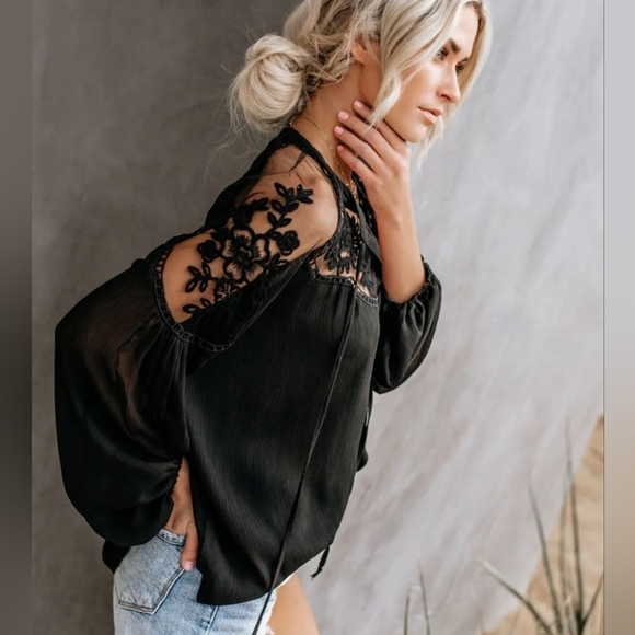 NEW Boho Embroidered Lace Sheer Bishop Sleeve Peasant Blouse Top Black - Picture 8 of 12